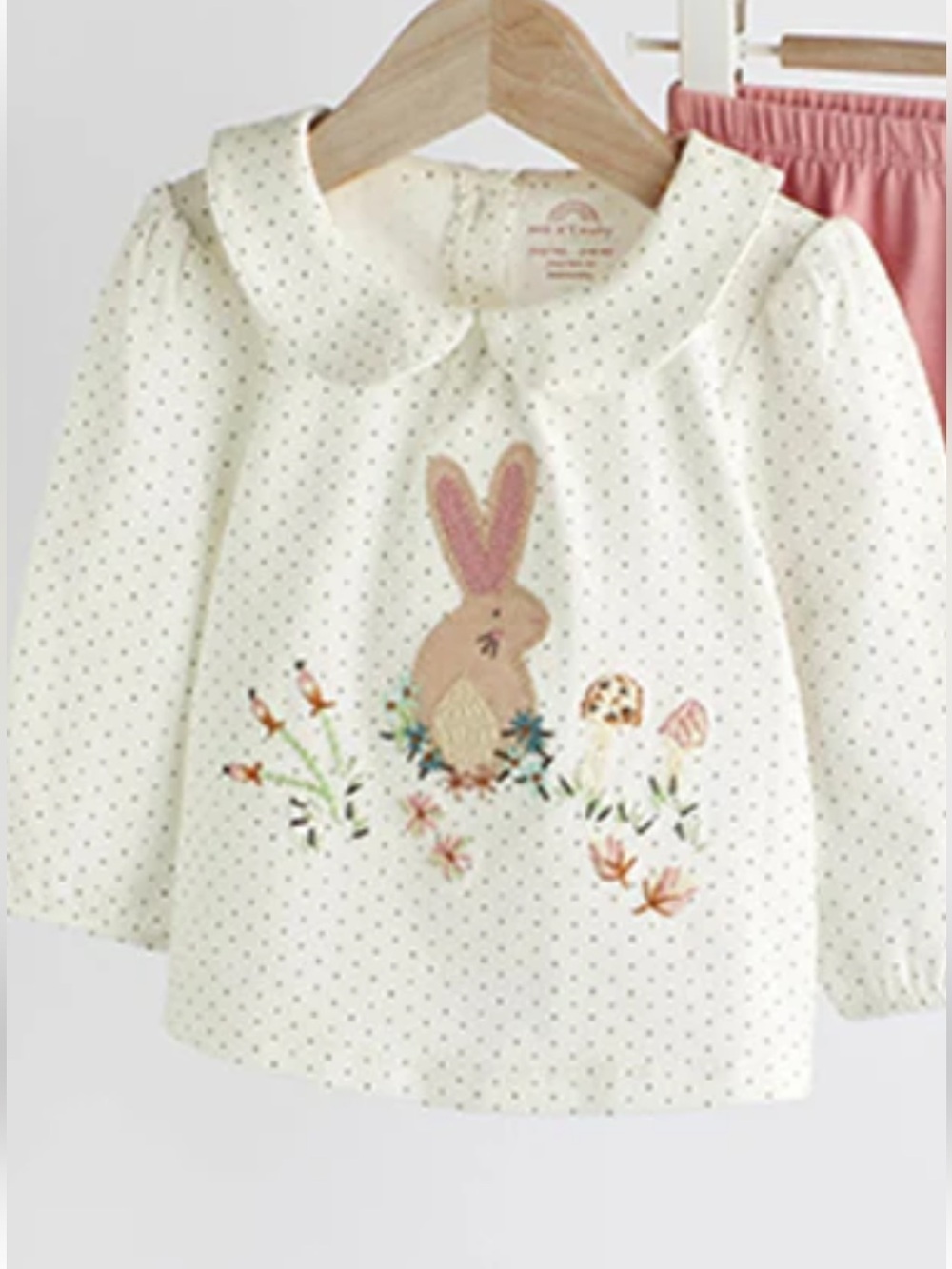 Next Long Sleeve Polka Dot Top Embroidered Rabbit White